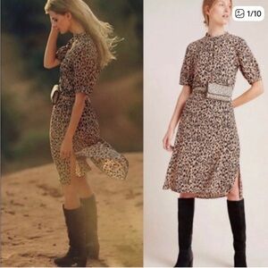 by Anthropologie Mackenzie Leopard Print Mock Neck Midi Dress | Size S